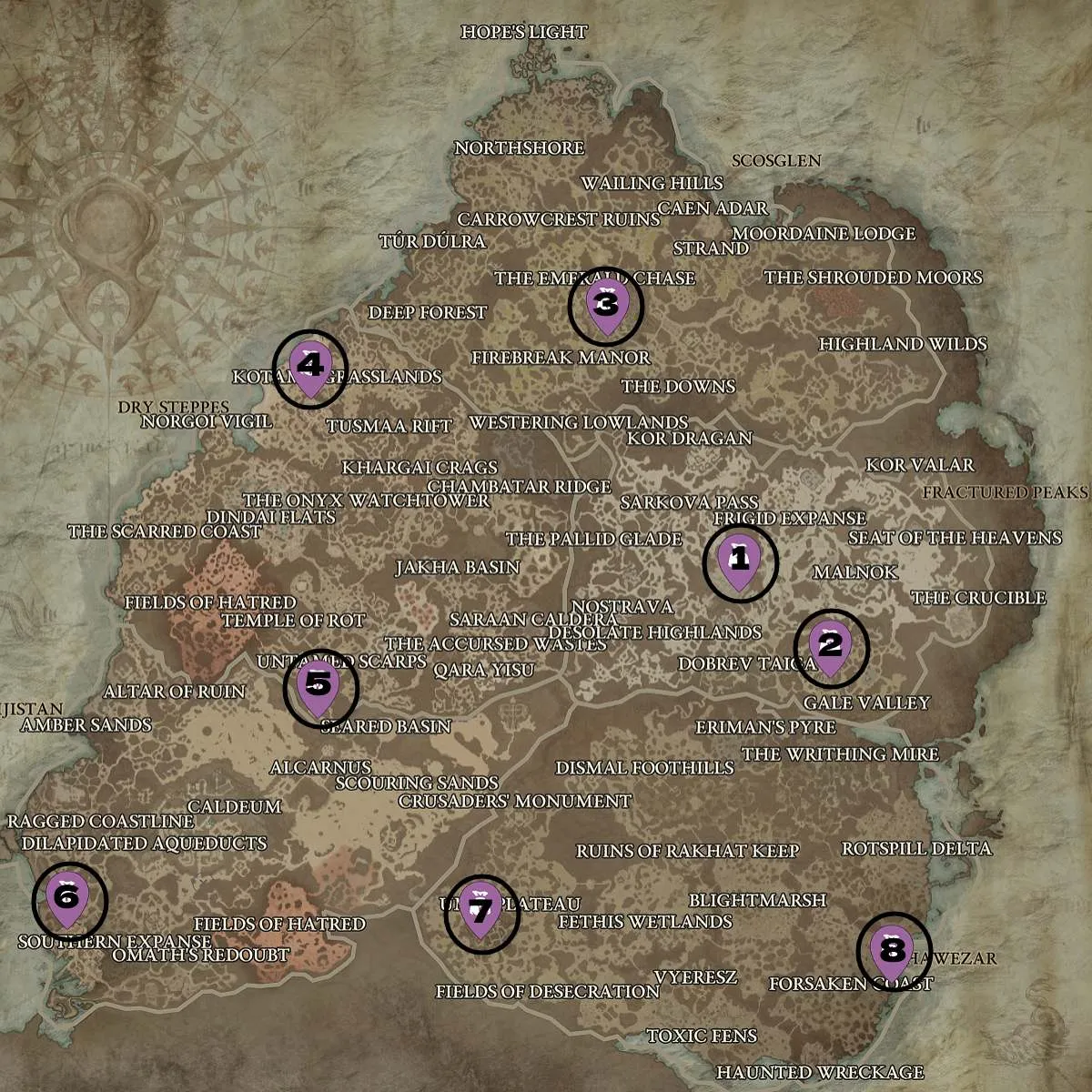 a map of all the purveyor of curiosities vendors in Diablo 4