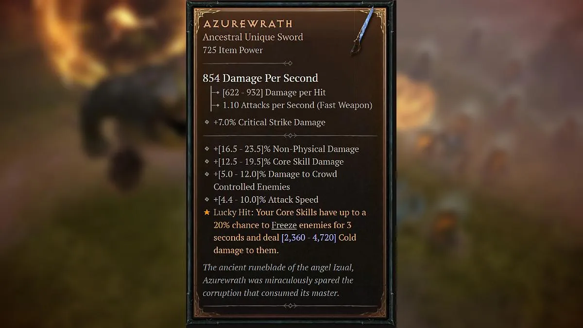 The description of the Azurewrath Sword in Diablo 4