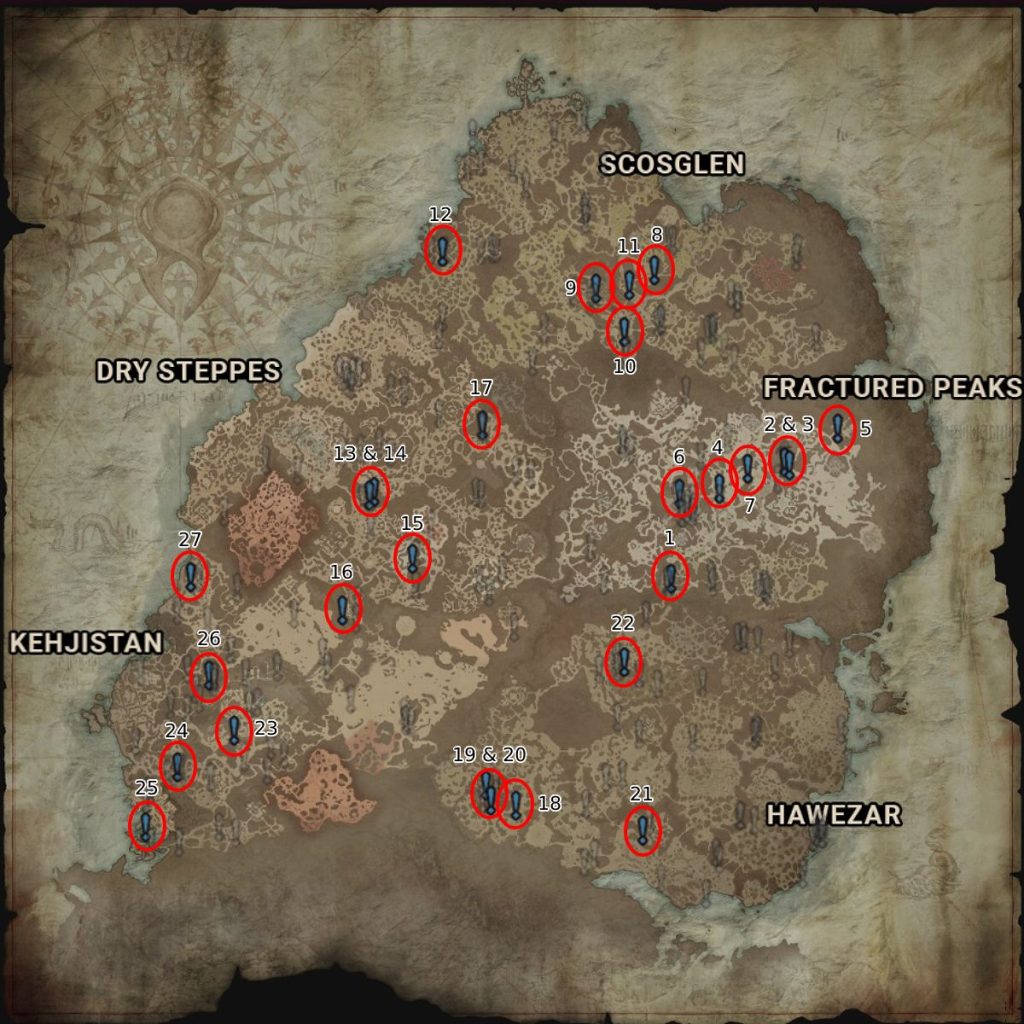 The map of the best side quests to farm renown in Diablo 4