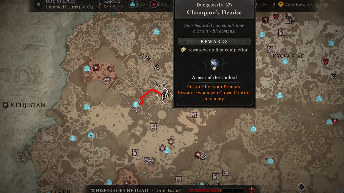 Champion's Demise Dungeon Location Diablo 4 Map