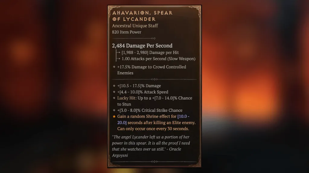 Ahavarion, Spear of Lycander Uber Unique Item stats in Diablo 4