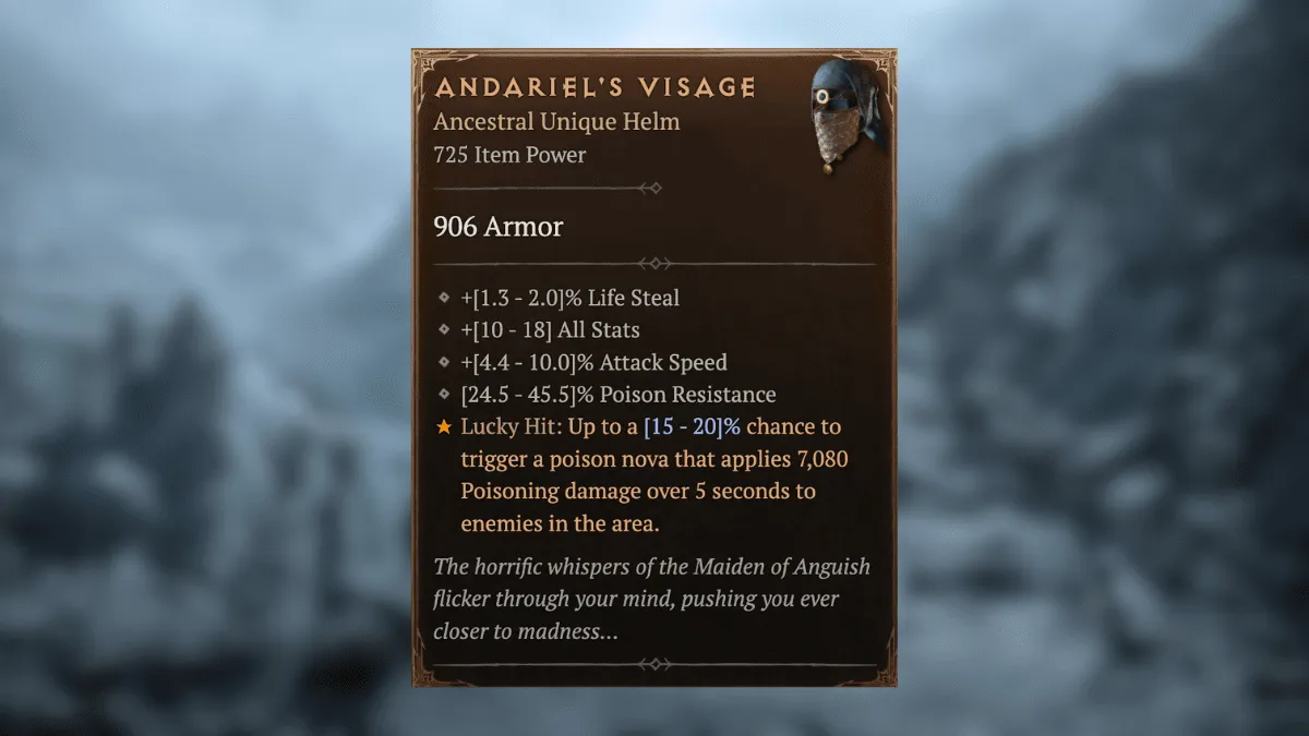 Andariel's Visage Uber Unique Item stats in Diablo 4