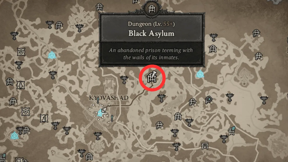 Black Asylum Dungeon map icon in Diablo 4