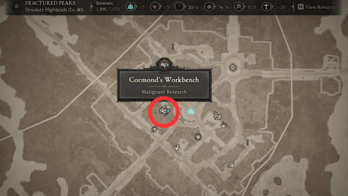 Map icon of Cormond's Workbench in Kyovashad in Diablo 4