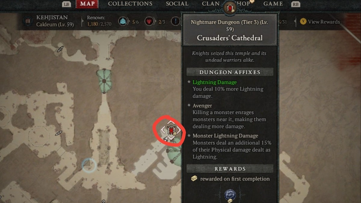 Crusader's Cathedral Nightmare Dungeon map icon in Diablo 4
