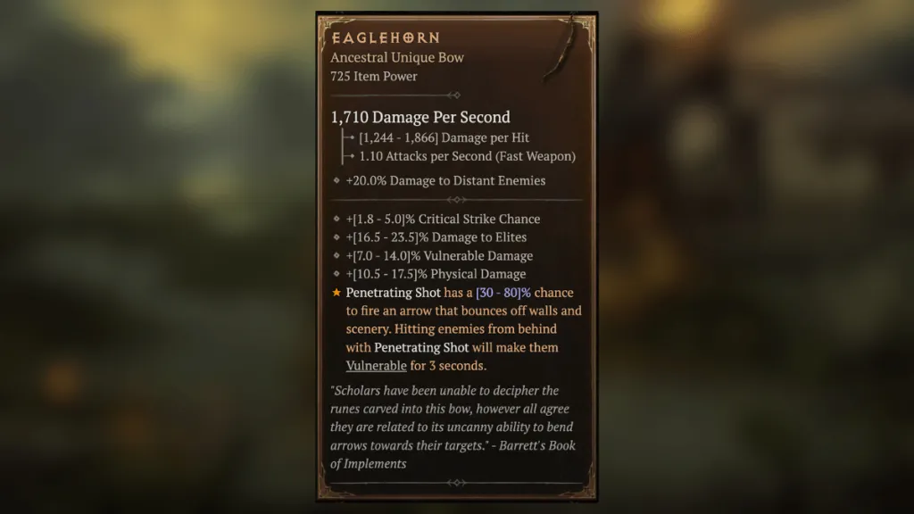 Eaglehorn Unique Item stats in Diablo 4