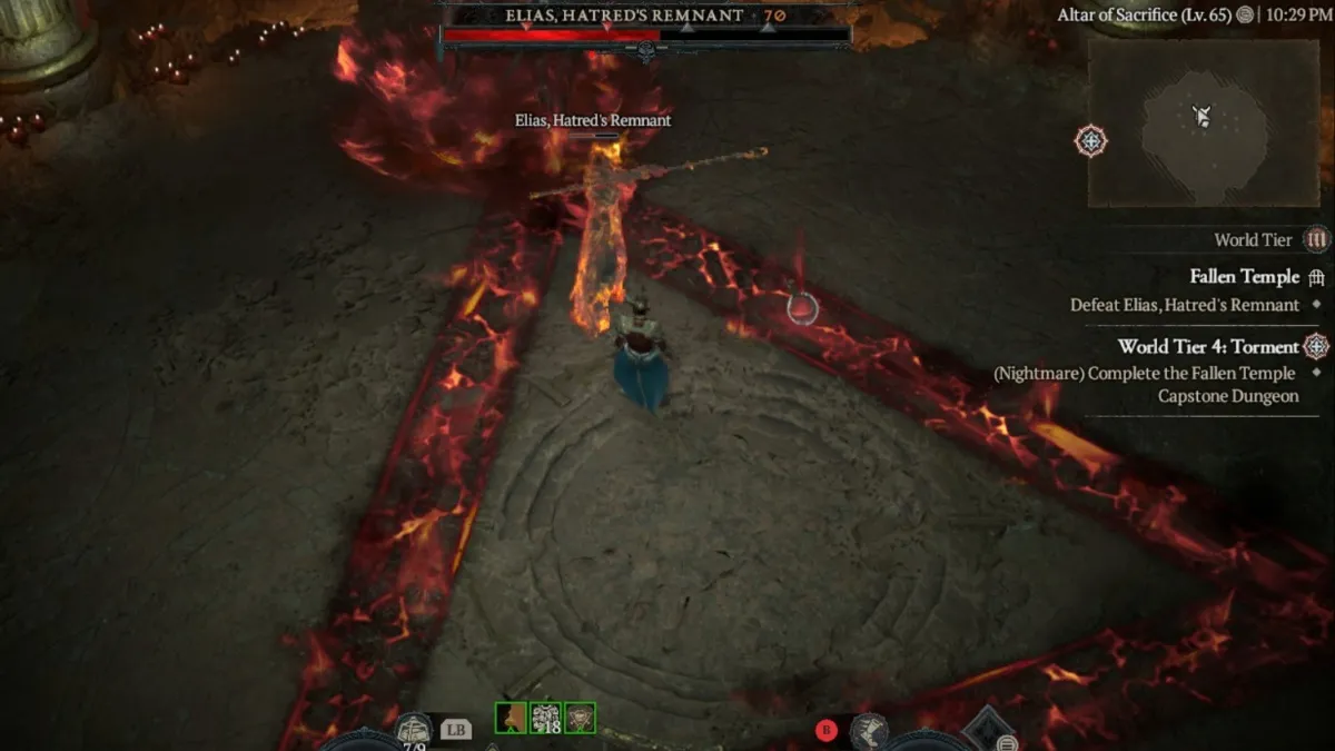 Fighting Elias, Hatred's remnant dungeon boss in the Fallen Temple Capstone Dungeon in Diablo 4