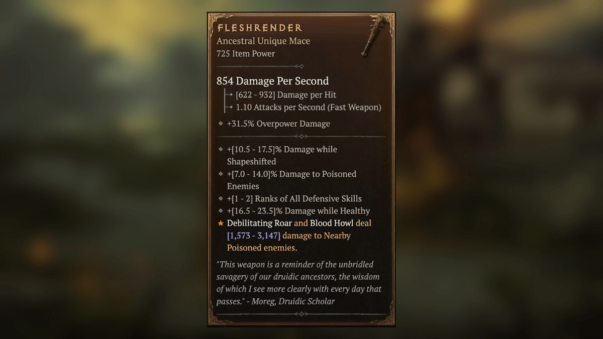 Fleshrender Unique Item stats in Diablo 4