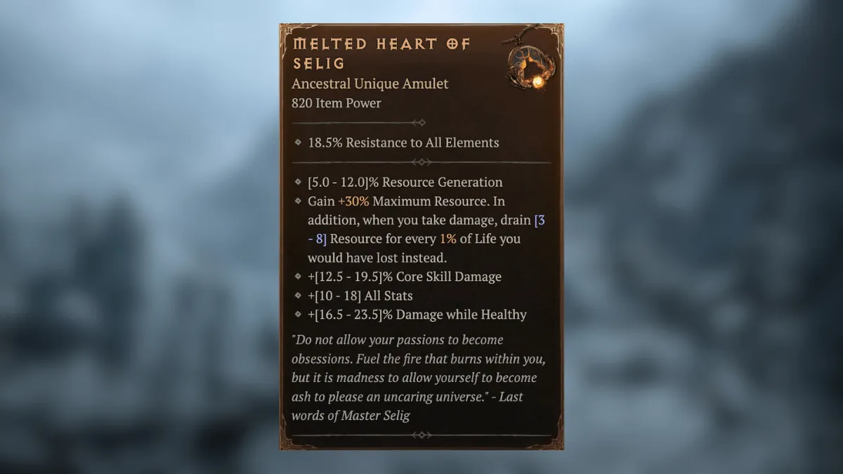Melted Heart of Selig Uber Unique Item stats in front of blurred image of the Fractured Peaks in Diablo 4