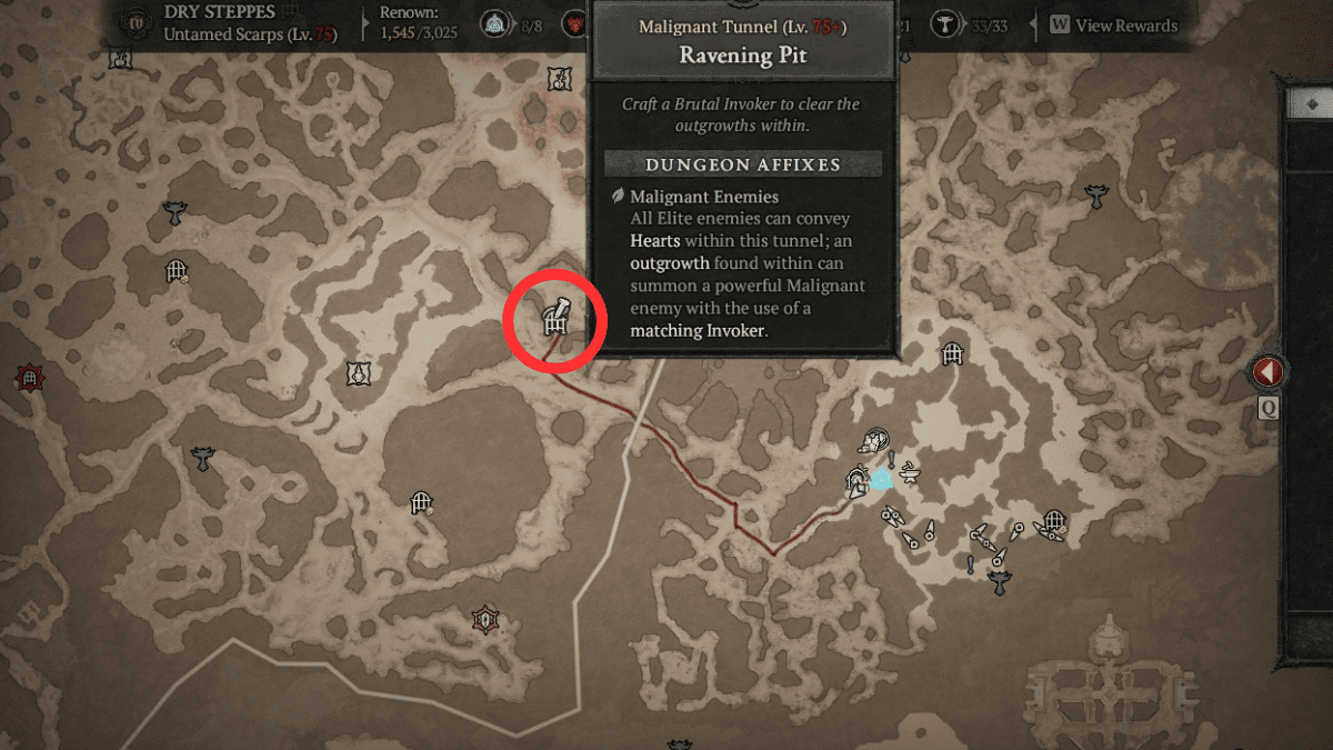 Ravening Pit Malignant Tunnel map location in Diablo 4