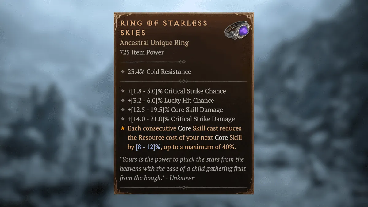 Ring of Starless Skies Uber Uniqie Item stats in front of blurred image of Fractured Peaks in Diablo 4