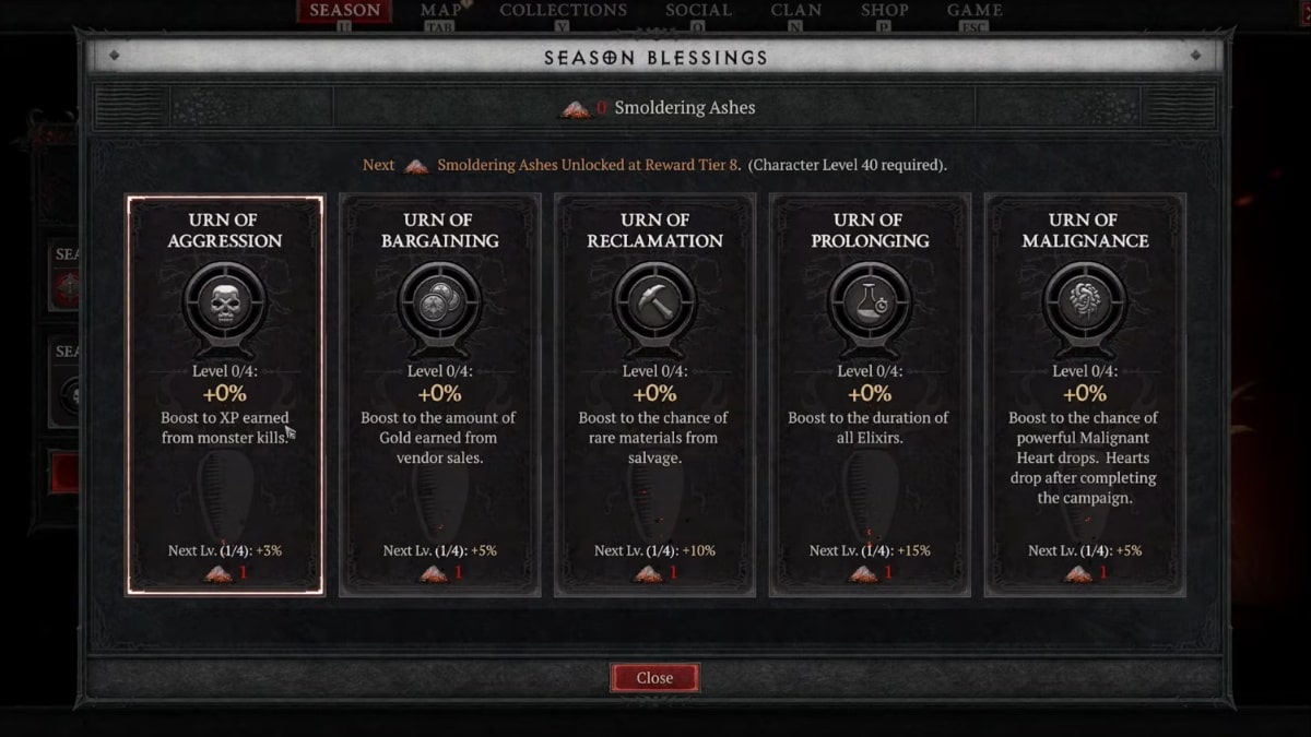 Season Blessings menu in Diablo 4 Season 1