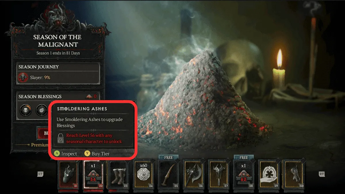 Smoldering Ashes Battle Pass Tier unlock level requirement in Diablo 4