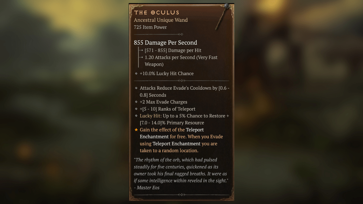 The Oculus Unique Item stats in Diablo 4