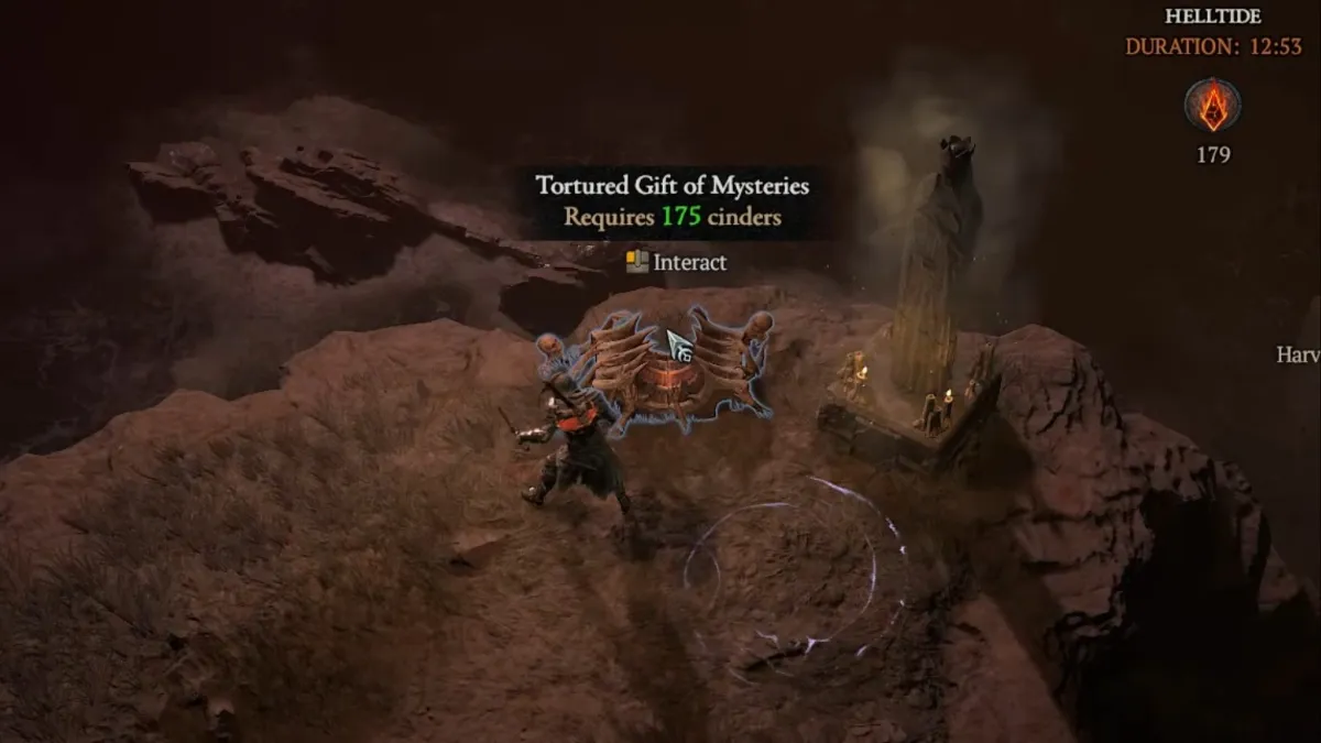 Player standing next to a Tortured Gift of Mysteries chest during a Helltide Event in Diablo 4