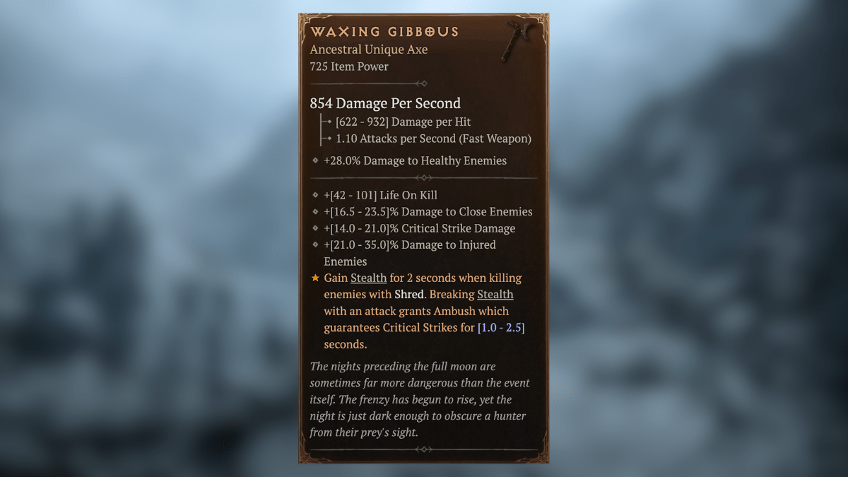 Waxing Gibbous Unique Item stats in front of a blurred image of the Fractured Peaks in Diablo 4