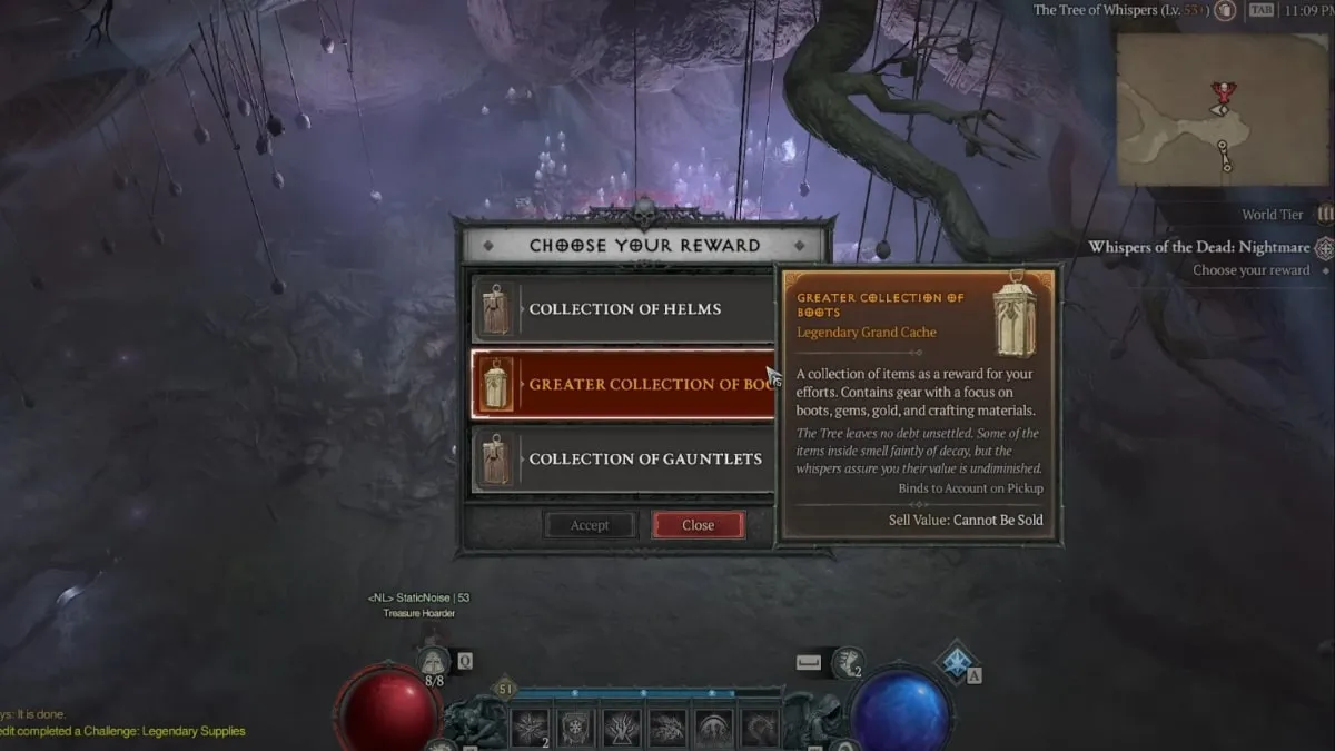 Whispers of the Dead selection of rewards at the Tree of Whispers in Diablo 4