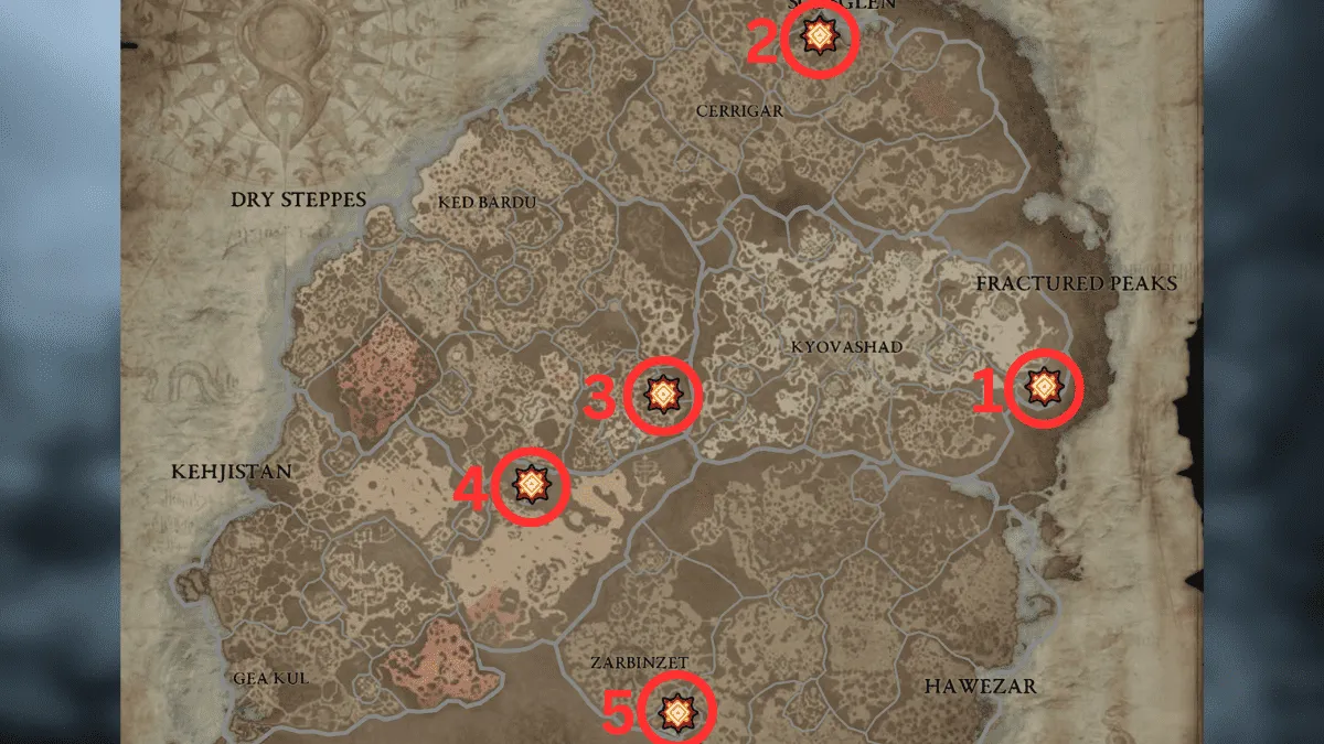 All five World Boss locations on the map in Diablo 4
