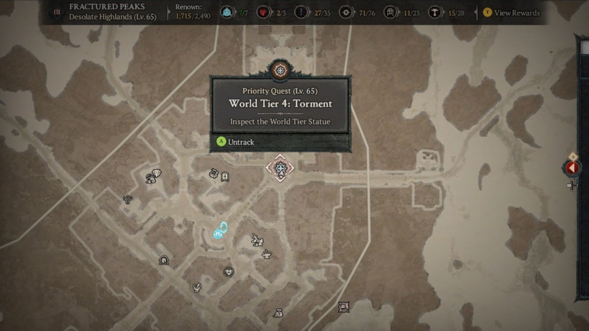 World Tier 3: Torment Priority Quest map icon in Kyovashad in Diablo 4