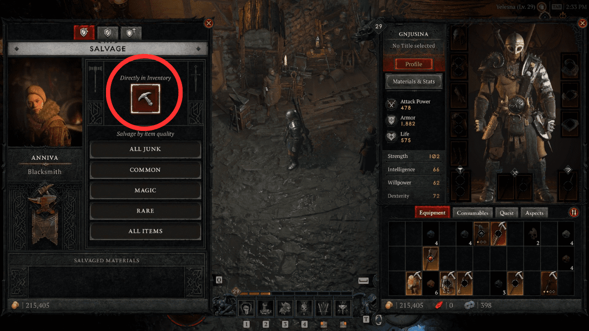 Salvage tab in the Blacksmith vendor screen in Diablo 4