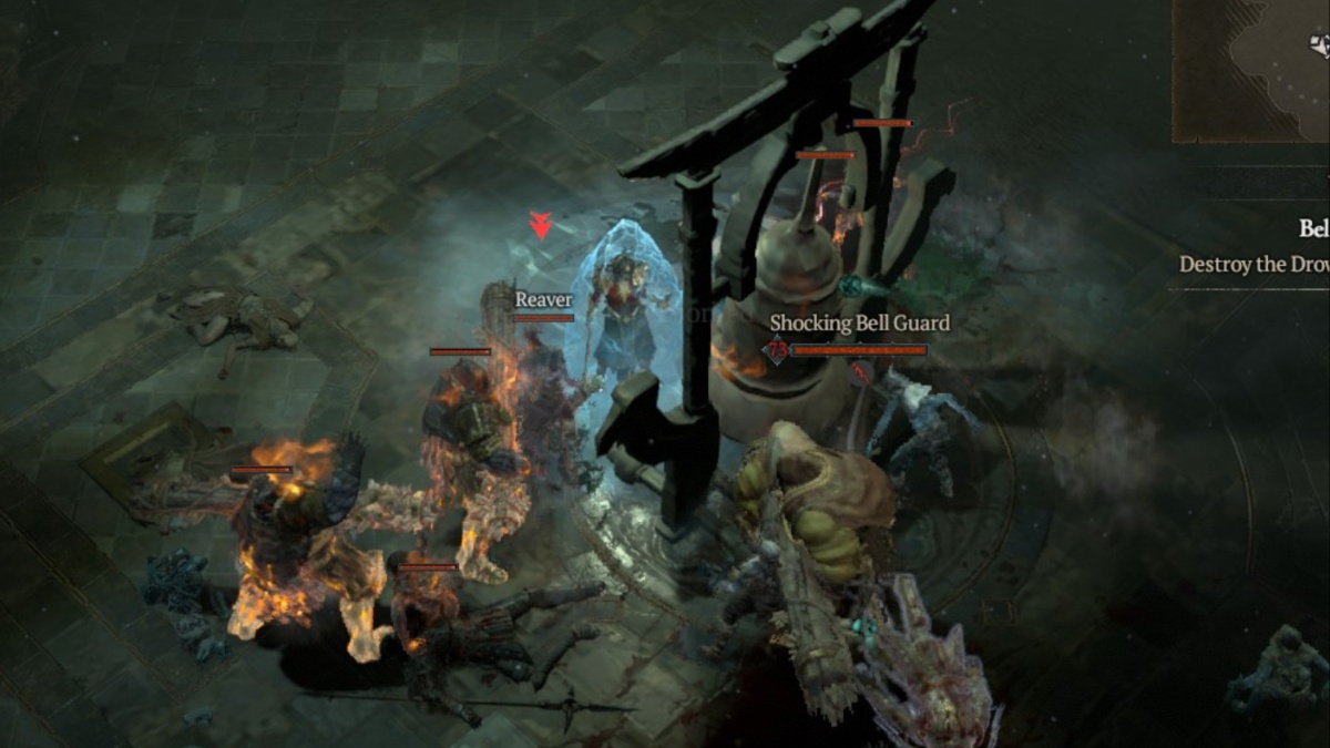 Destroying a Drowned Bell and fighting enemies in the Belfry Zakara dungeon in Diablo 4