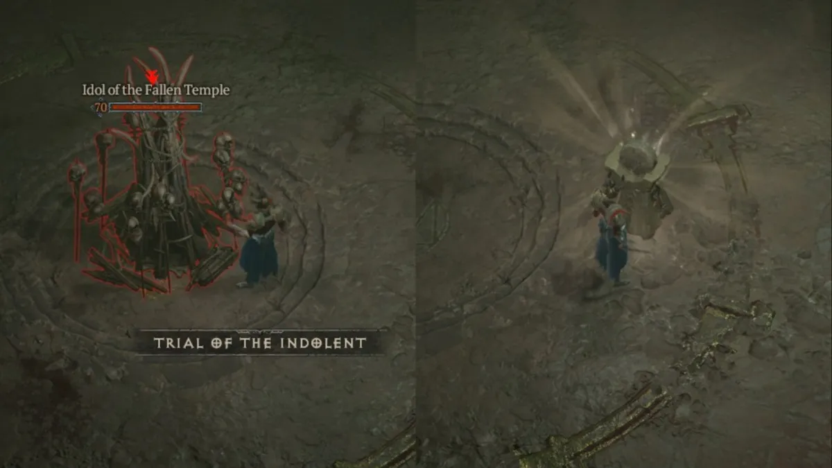 Destroying the Idol of the Fallen temple and placing a Stone Carving on the Pedestal in the Fallen Temple Capstone Dungeon in Diablo 4