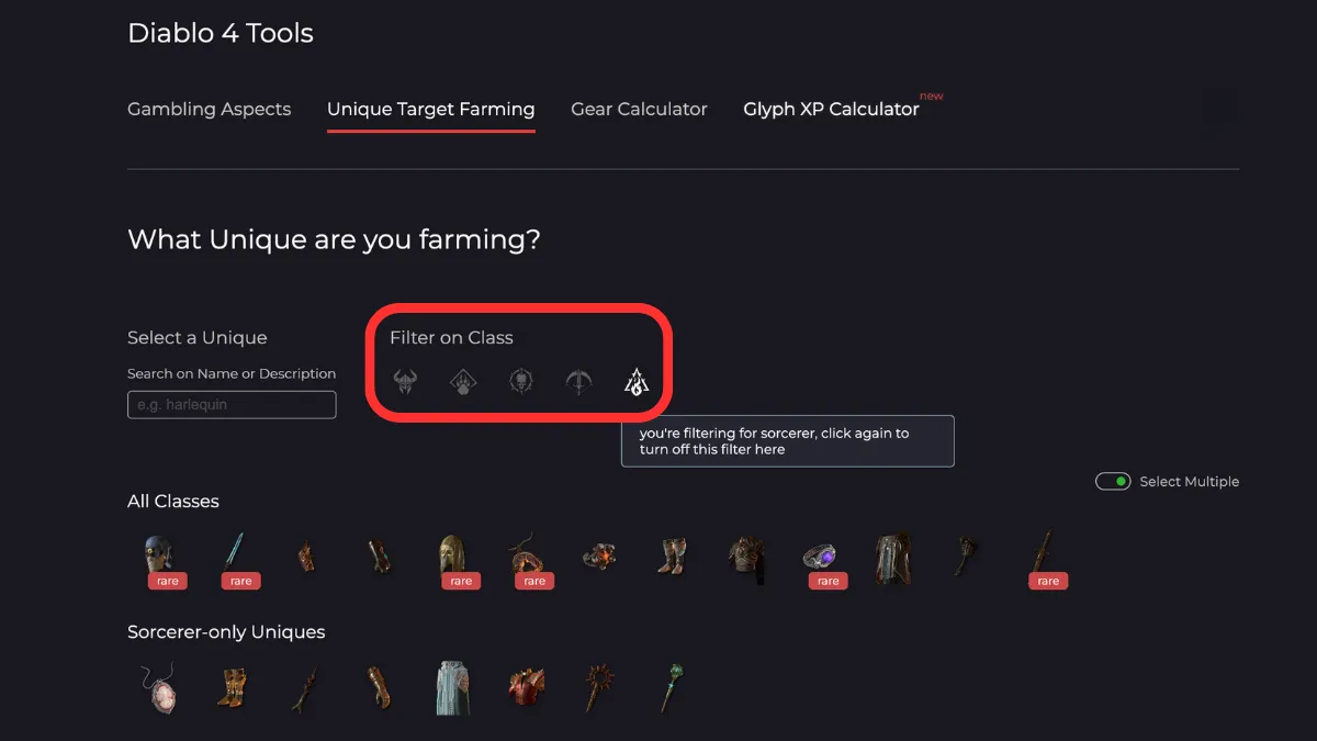 diablo4.life Unique Target Farming tool class filter