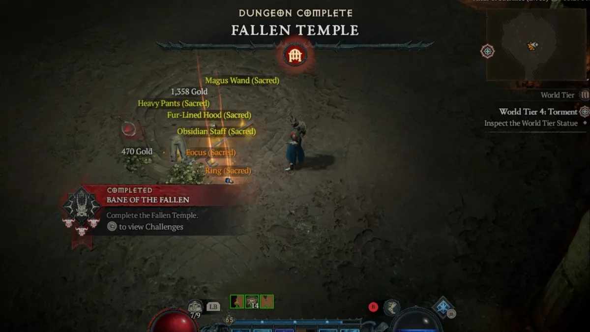Dungeon Complete rewards ability to unlock World Tier 4 in the Fallen Temple Capstone Dungeon in Diablo 4