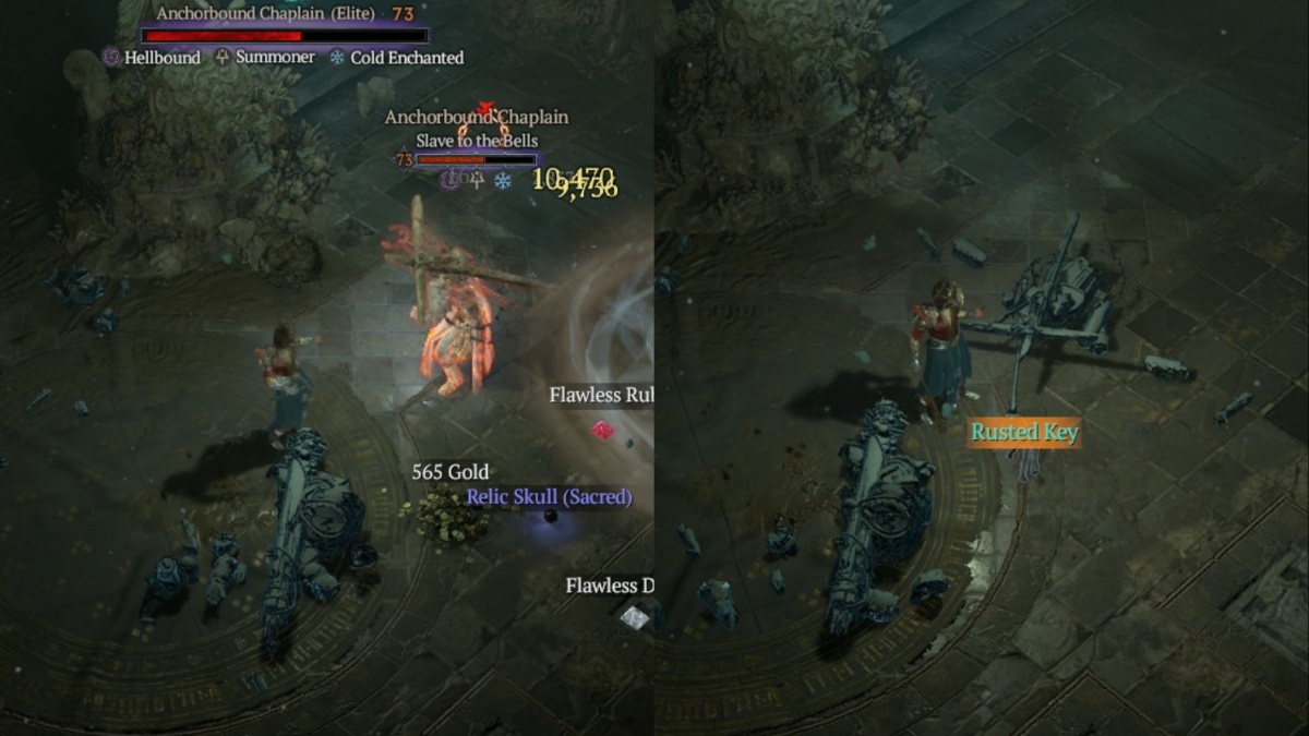 Fighting the Anchorbound Chaplain and picking up the Rusted Key area item in the Belfry Zakara dungeon in Diablo 4 