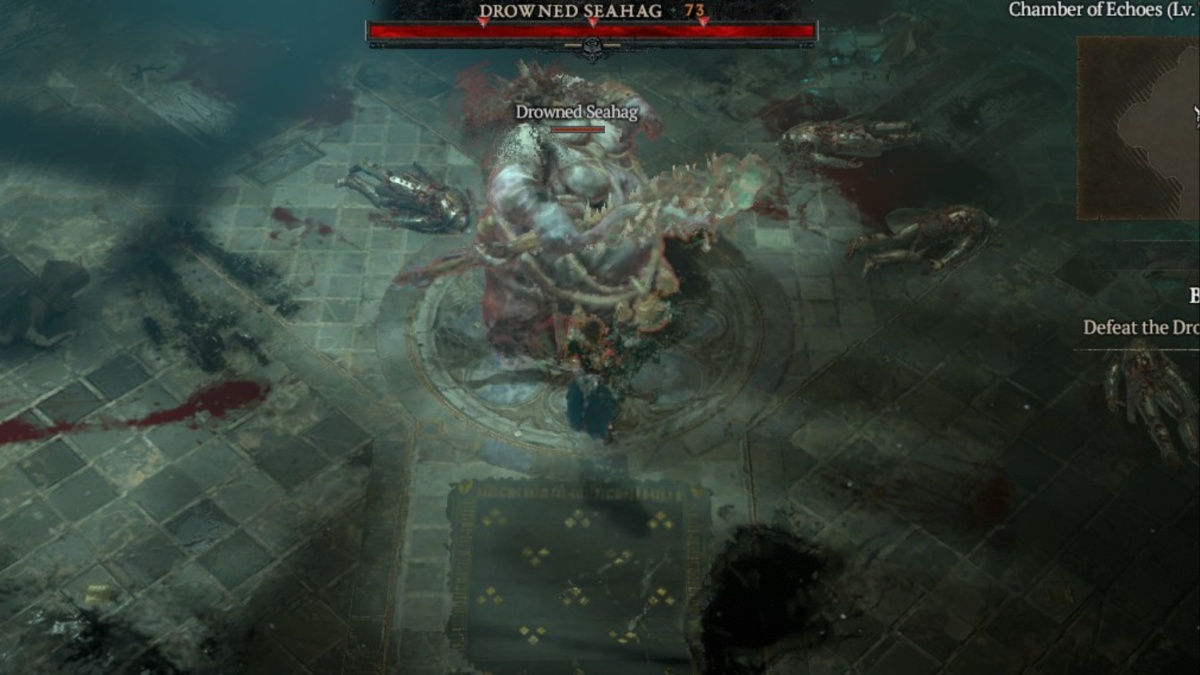 Fighting the Drowned Seahag boss in the Belfry Zakara dungeon in Diablo 4