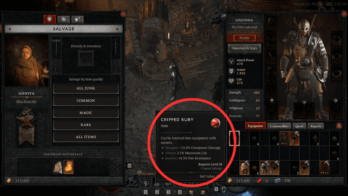 Salvaged Chipped Ruby Gem in the Blacksmith vendor's inventory screen in Diablo 4