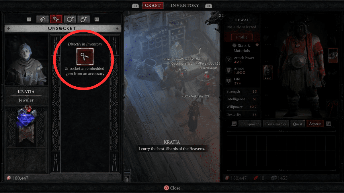 Unsocket tab in the Jeweler vendor screen in Diablo 4