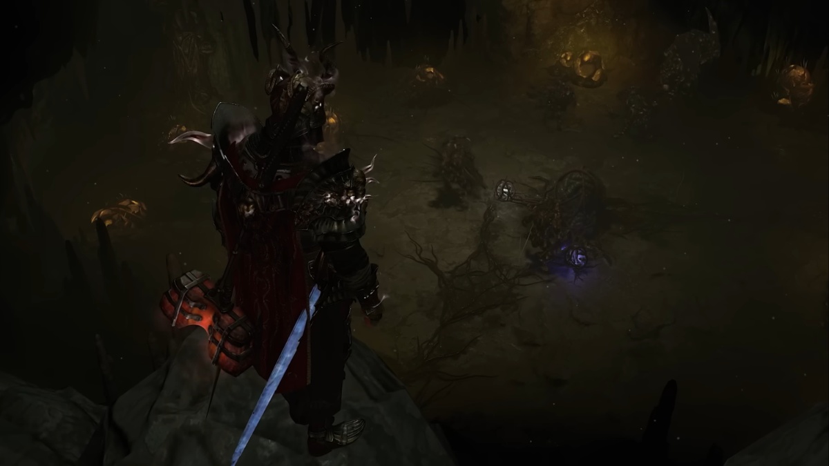 Player looking down at the Cage of Binding ritual in the Season of the Malignant gameplay trailer in Diablo 4 Season 1