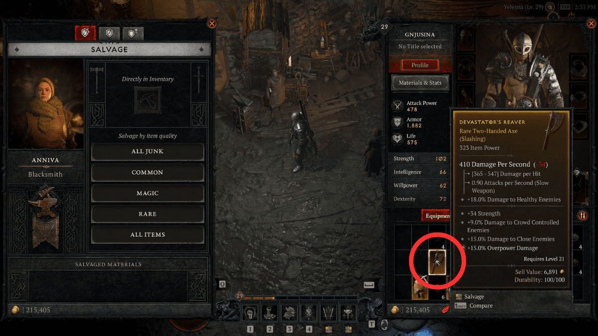 Selecting gear to salvage  at the Blacksmith vendor in Diablo 4