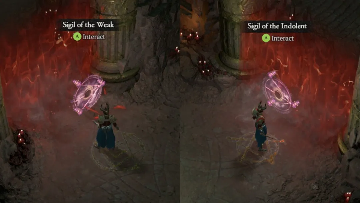 Two sealed doors with the Sigil of the Weak and the Sigil of the Indolent in the Fallen Temple Capstone Dungeon in Diablo 4