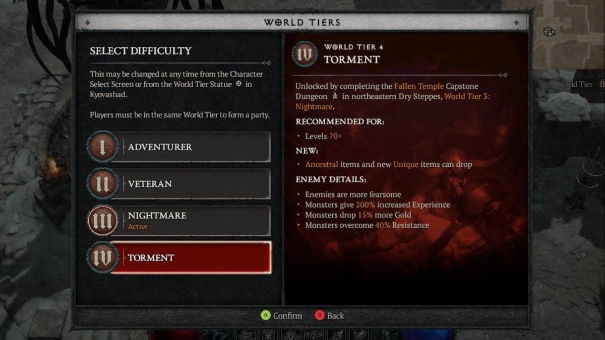 Selecting World Tier 4 (Torment) difficulty at the World Tier Statue in Kyovashad in Diablo 4