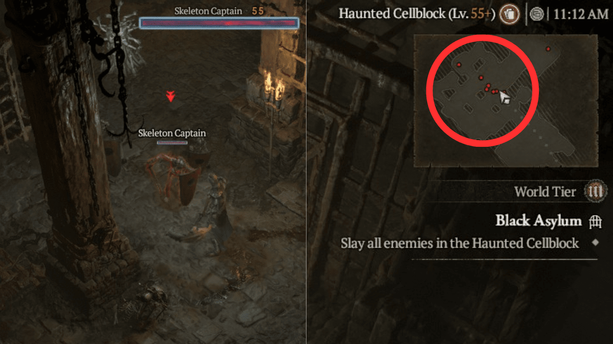 Slay all enemies objective with red dots on the map in Black Asylum Dungeon in Diablo 4
