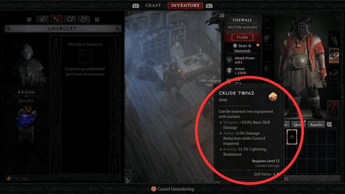 Unsocketed Crude Topaz Gem in the Jeweler vendor's inventory screen in Diablo 4