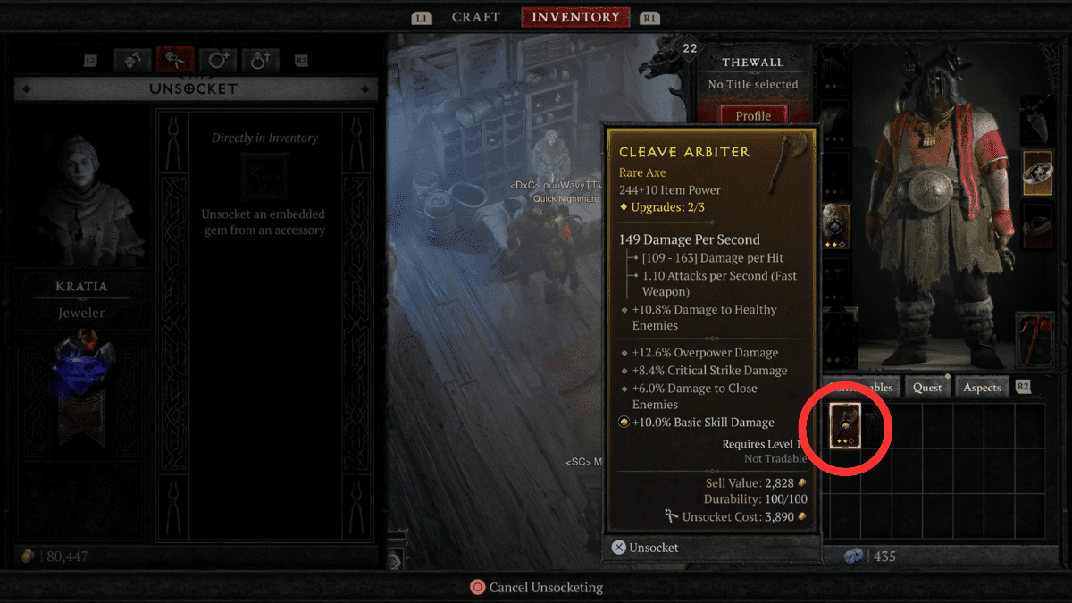 Selecting gear to unsocket a gem from at the Jeweler vendor in Diablo 4