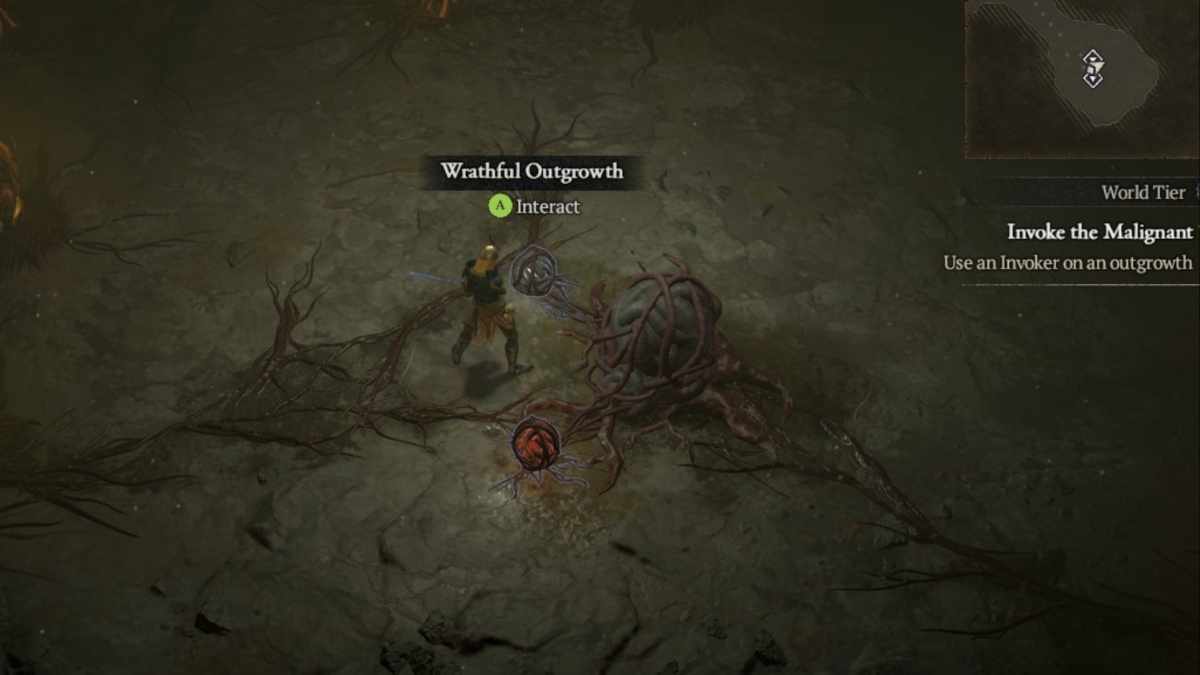 Interacting with Wrathful Outgrowth in a Malignant Tunnel in Diablo 4