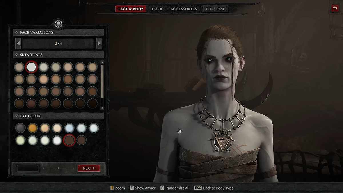 The Diablo 4 Character Creator screen