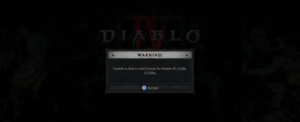 PS5 unable to find license Diablo 4 error message