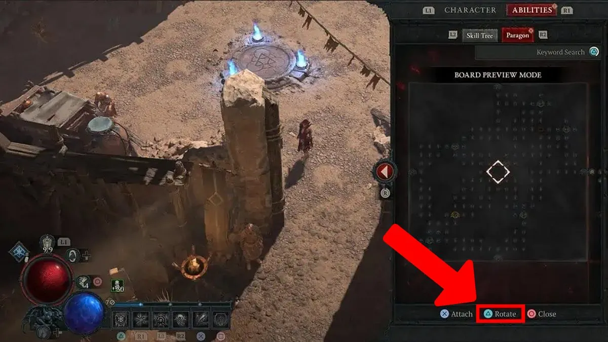 The Paragon Board menu in Diablo 4 with the option to rotate the board