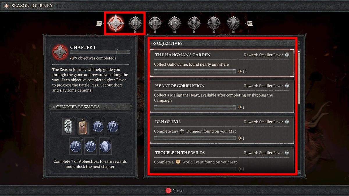 The Season Journey Objectives list in Diablo 4
