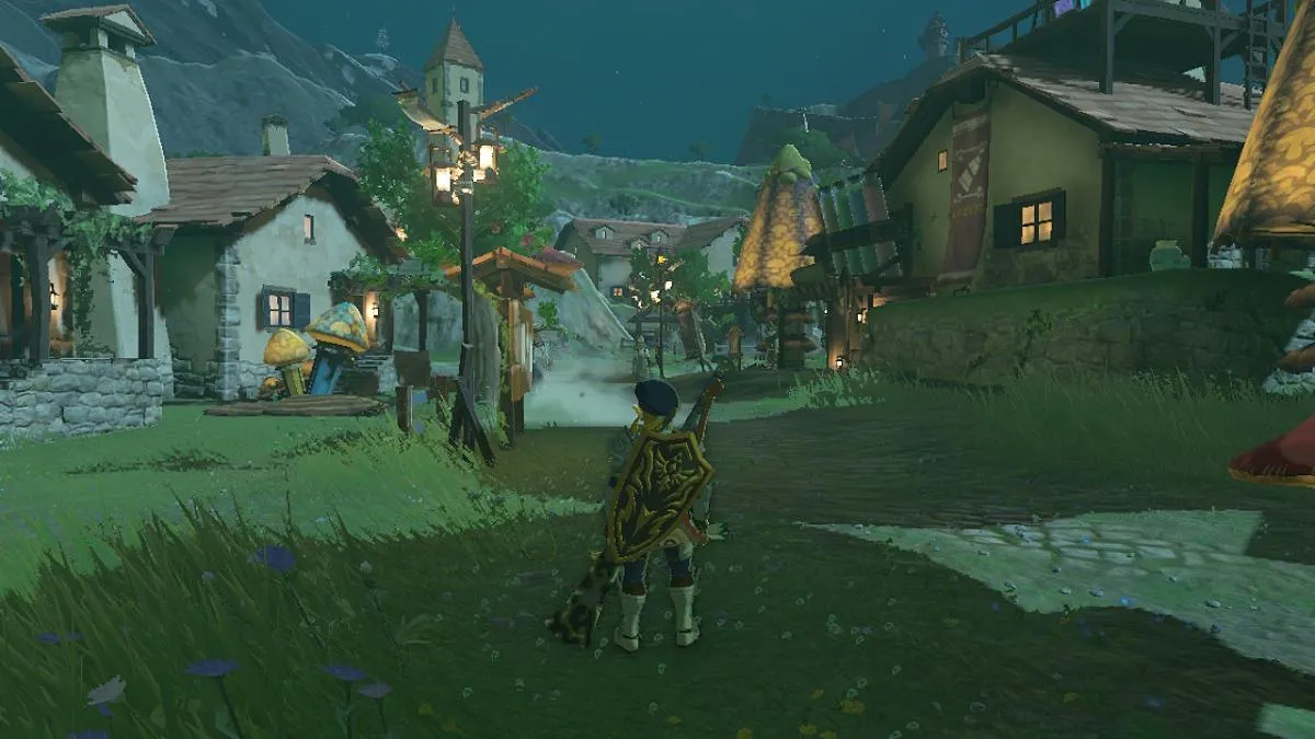 Link stood inside of Hateno Village in TOTK