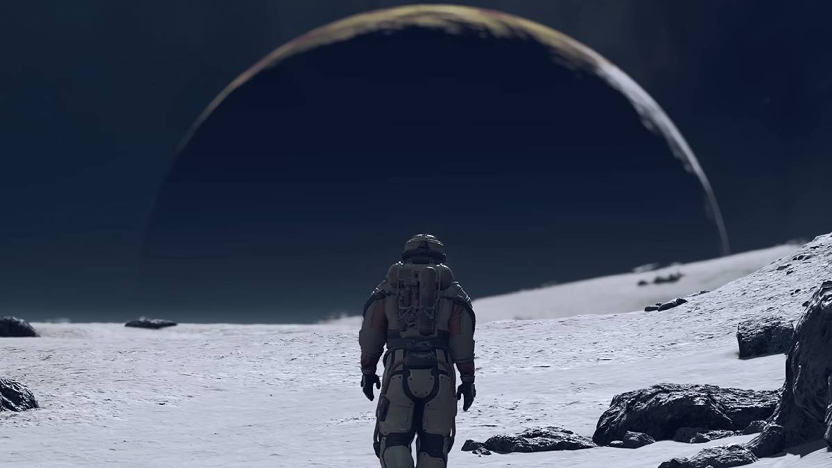 The player walking on a moon in Starfield