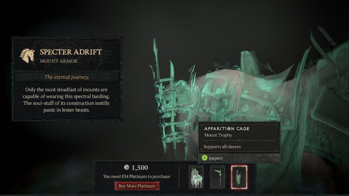 Apparation Cage in the Specter Adrift Mount Armor Bundle in Tejal's Shop in Diablo 4