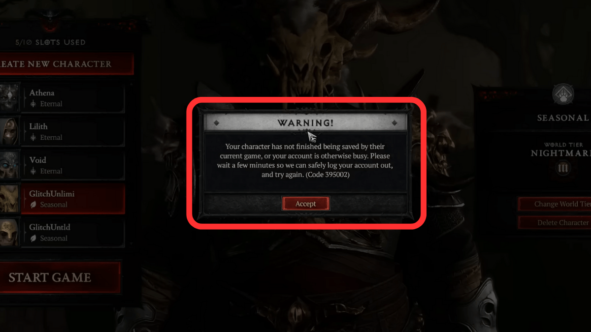 Warning message in Diablo 4 Eternal to Seasonal glitch exploit