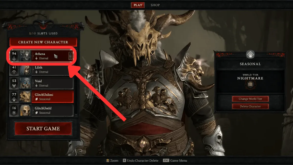 Choosing Eternal Realm character in Diablo 4 Eternal to Seasonal glitch exploit