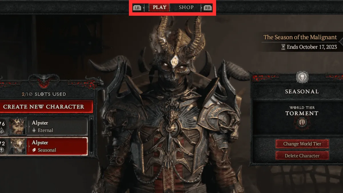 Main pre-login menu of Diablo 4, showing the play and shop tabs at the top